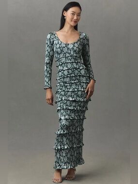 v. chapman carmella long-sleeve corset side-slit chiffon maxi dress V. Chapman Carmella Long-Sleeve Corset Side-Slit Chiffon Maxi Dress
